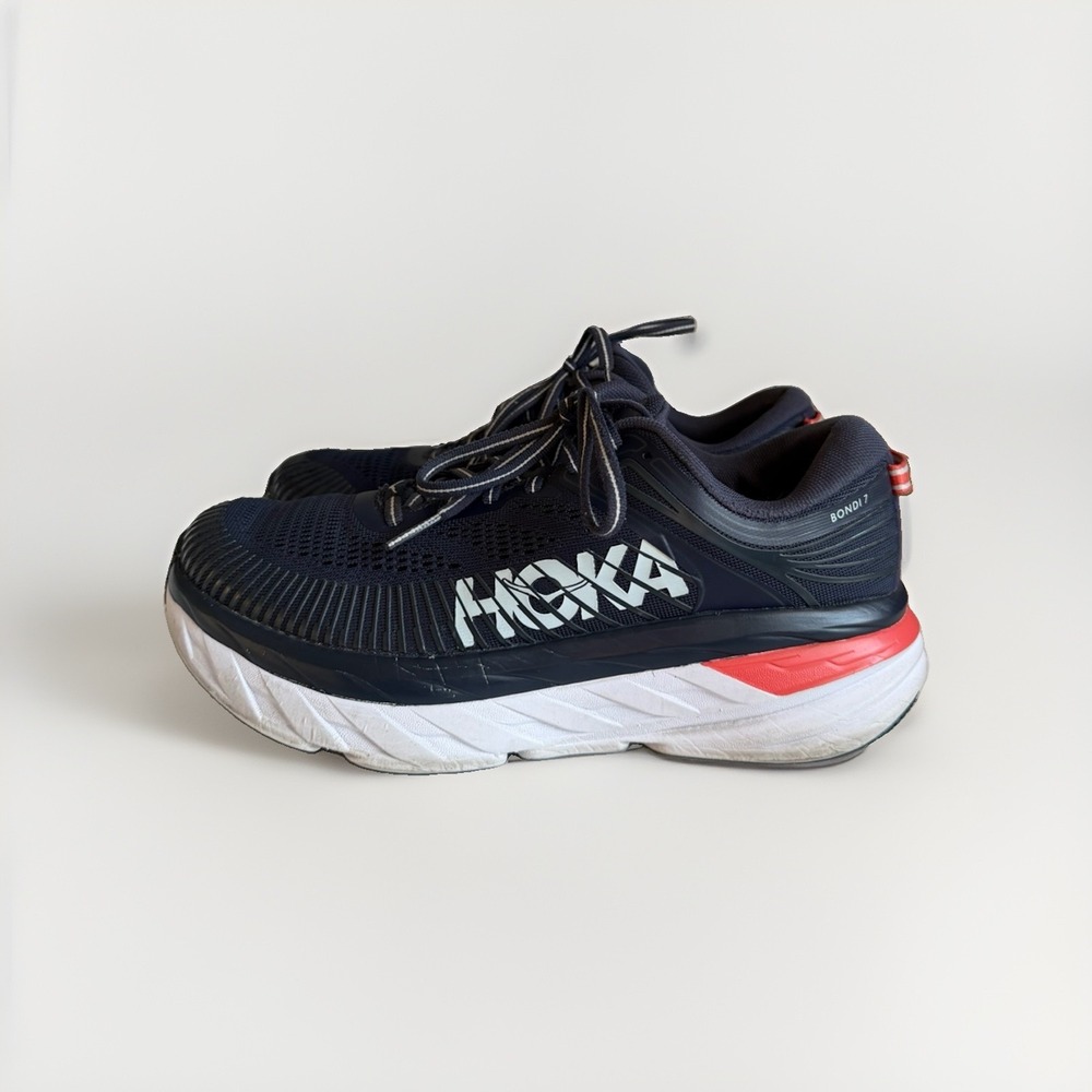 Hoka Bondi 7 Women's Running Shoes US 7.5 Navy Blue Coral